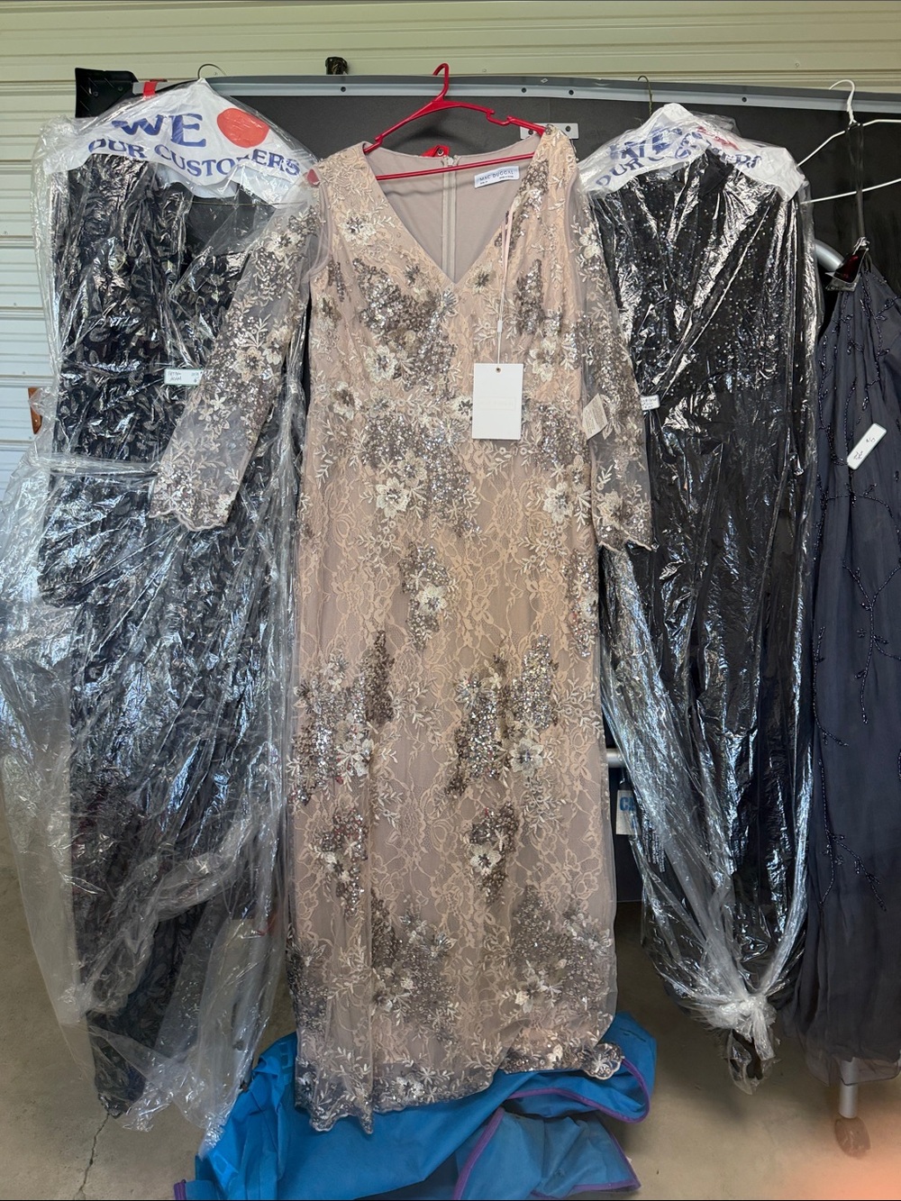 Mac Duggal Taupe Beaded Lace Long Sleeve Evening Gown
